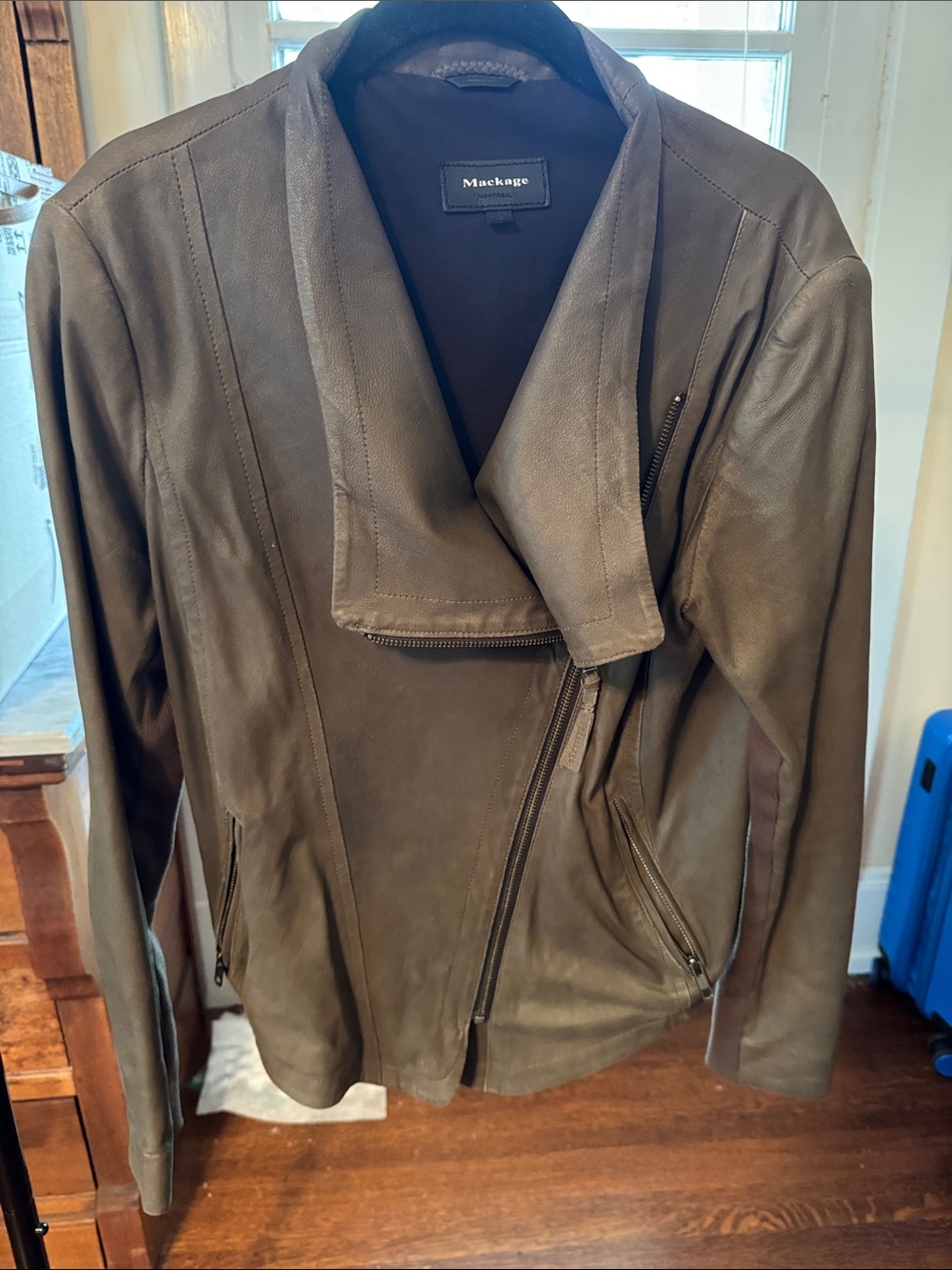 Mackage Olive Green Leather Moto Jacket with Asymmetric Zip